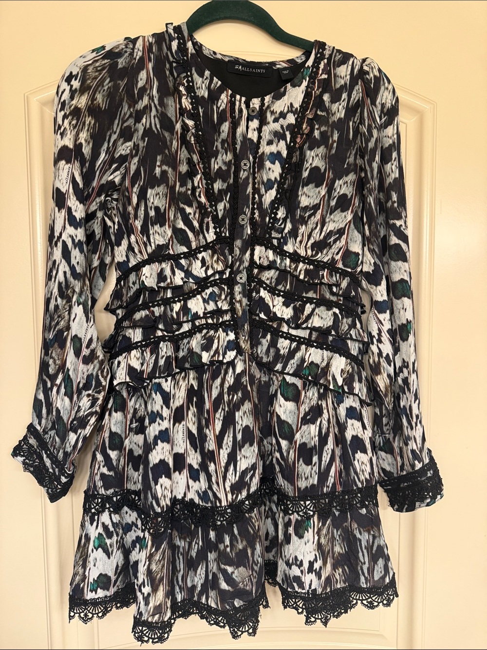 All Saints Black, White & Green Printed Long-Sleeve Tiered Dress